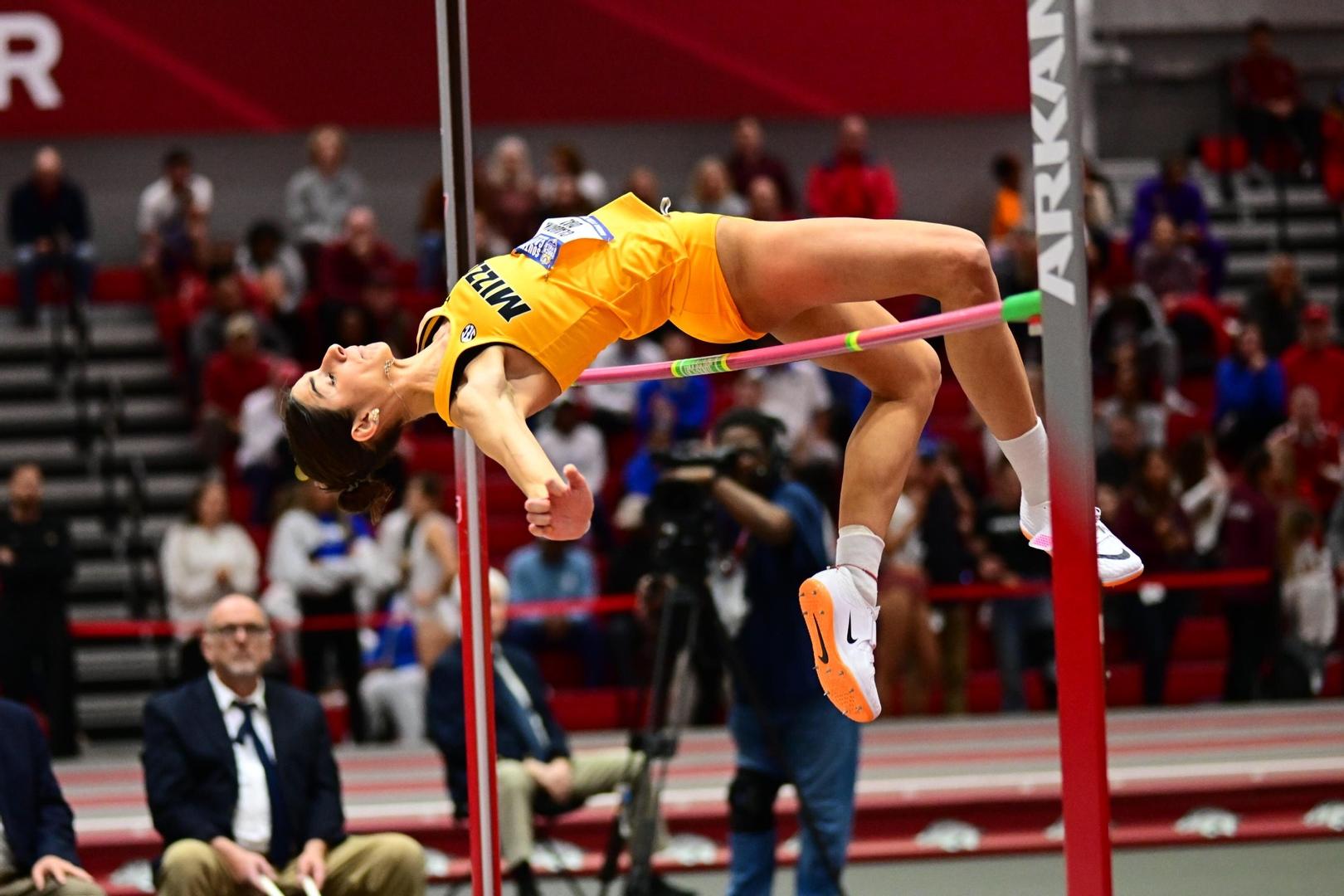 Claudina Diaz leaps in the high jump at the SEC Championships.